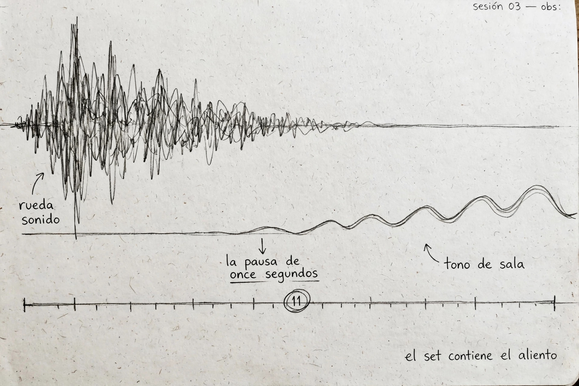 la onda del sonido que se aplana en la pausa de once segundos