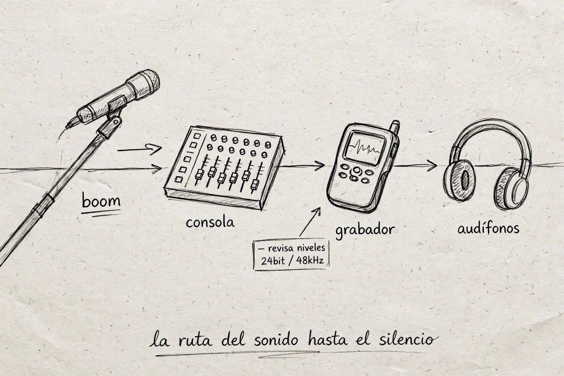 la ruta del sonido, del micrófono boom a los audífonos del sonidista