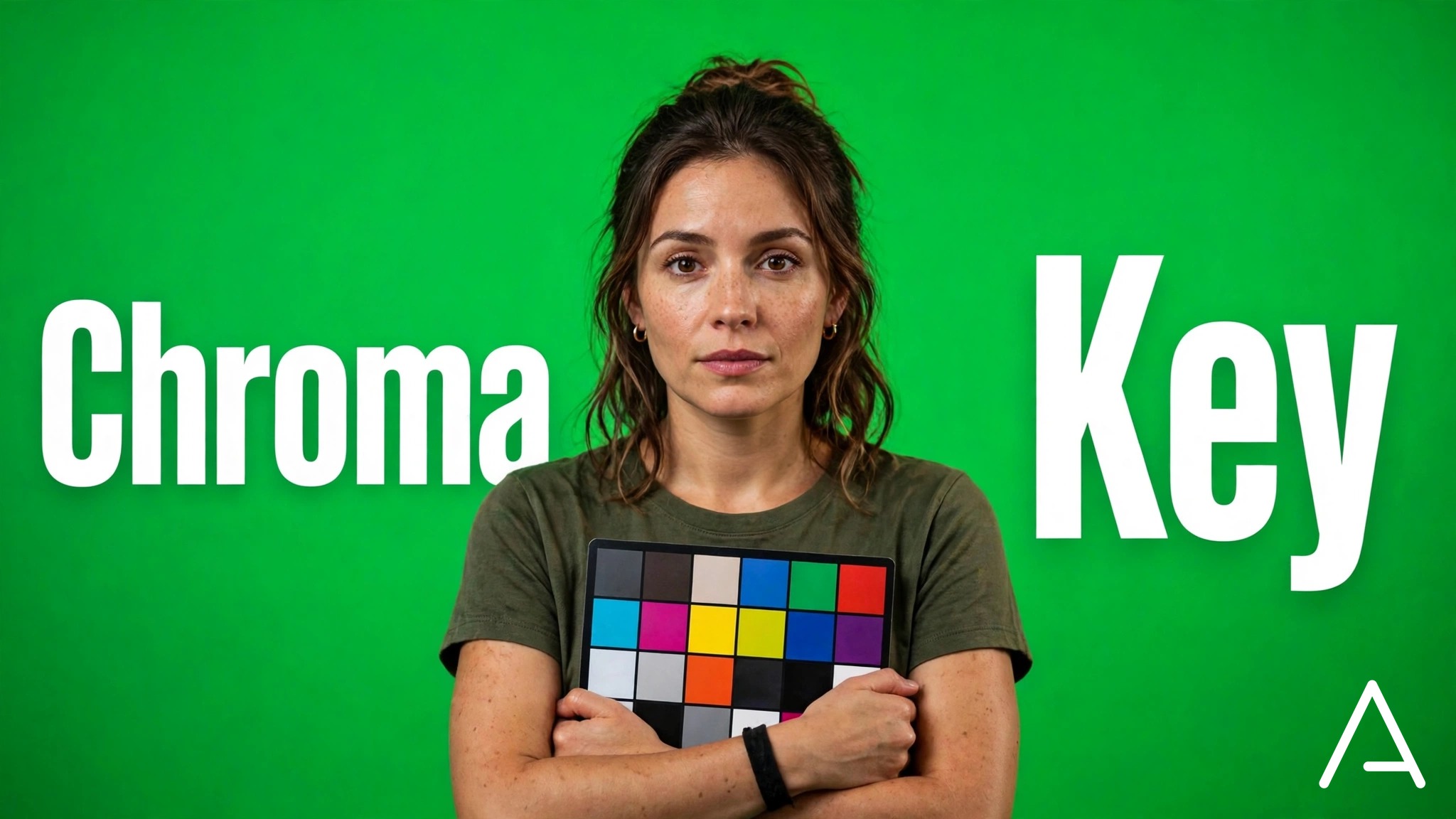 Presentadora con carta de color frente a la pared de chroma verde en Arttv Studios, Bogotá