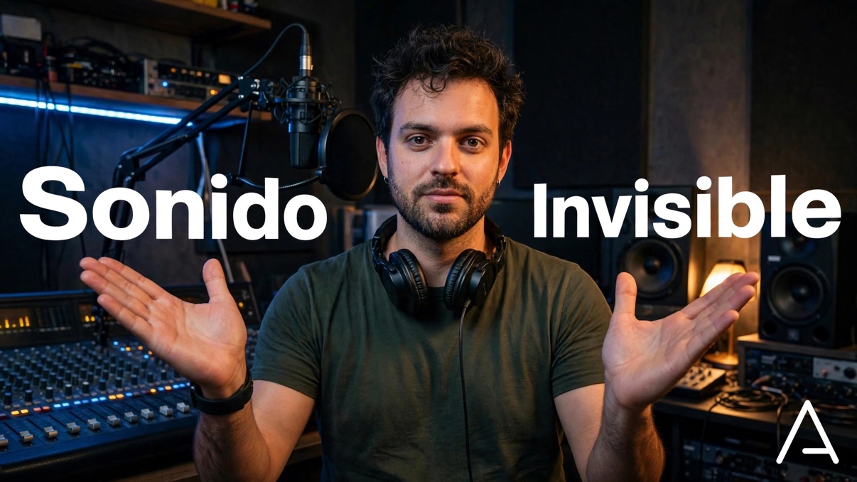 Ingeniero de sonido con audífonos al cuello en el estudio de Arttv Studios, Bogotá