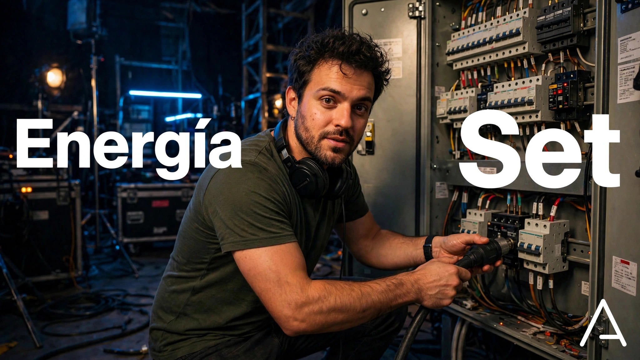 Técnico conectando la distribución eléctrica del set en Arttv Studios