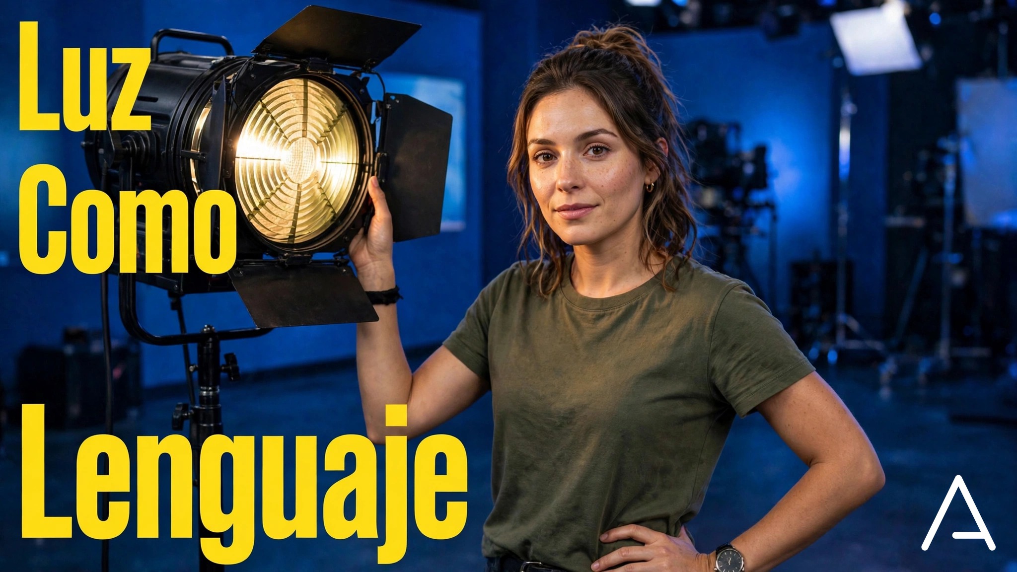 Técnica de iluminación ajustando un Fresnel en el estudio azul de Arttv Studios, Bogotá