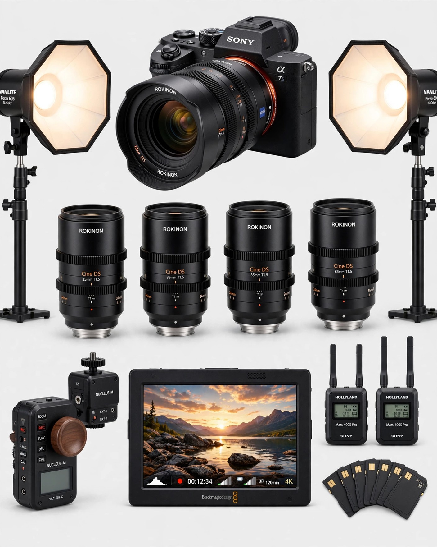 Plan A7S II · Kit completo: cuerpo Sony A7SII 4K, lentes Rokinon DS montura E, monitor Blackmagic Video Assist 5, Nucleus M, Hollyland Mars 400S Pro, tarjetas SD y set LED Nanlite Forza 60B · Planes de cámaras · Arttv Studios