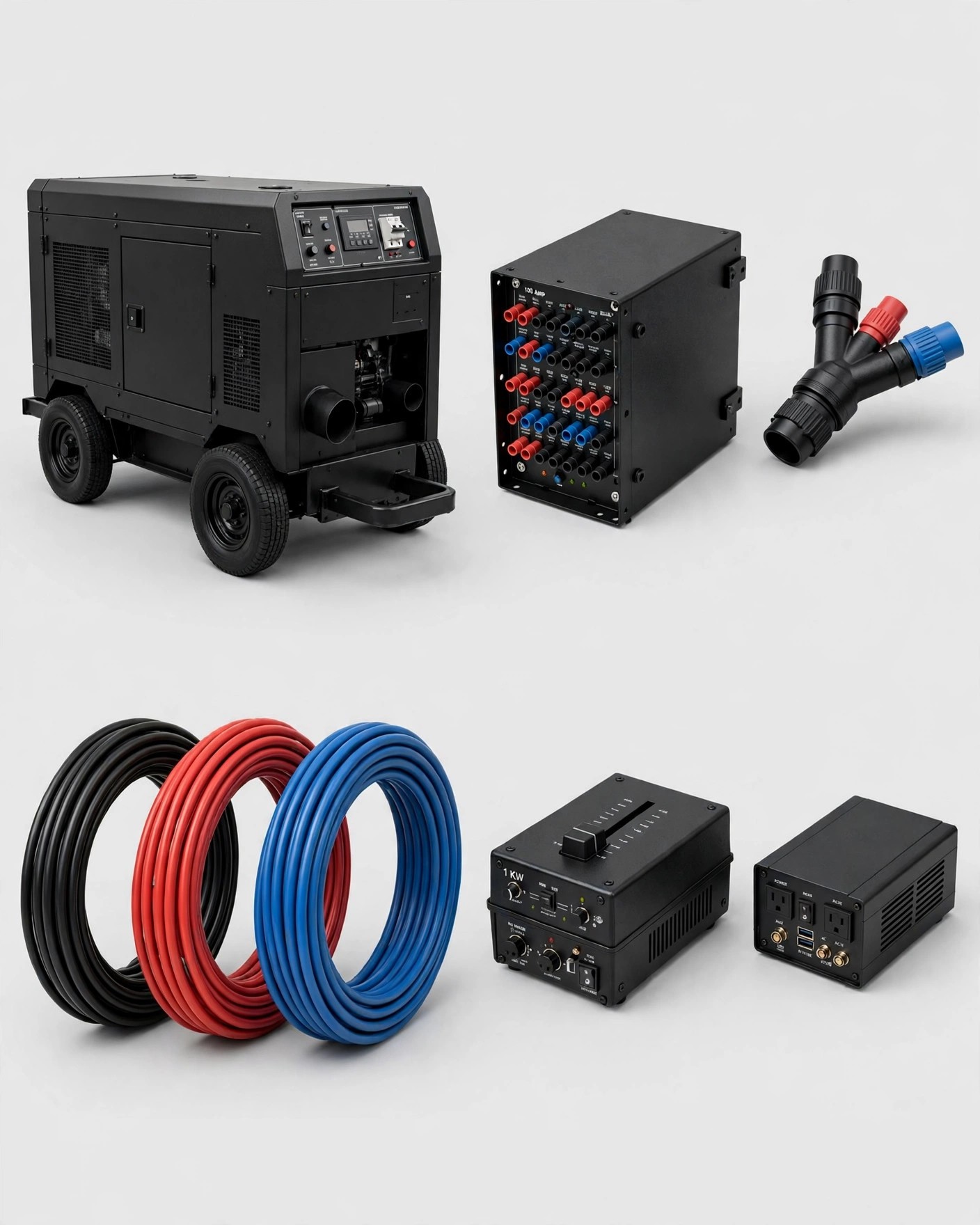 Plan Eléctrico · Kit completo: planta eléctrica móvil de 60 KW, distro box de 100 amp, splitter Cam Lock, adaptador Cam Lock a stage pin, dimmer de 1 KW, inversor de 800 W y cable de poder con polo a tierra · Planes de eléctrico · Arttv Studios