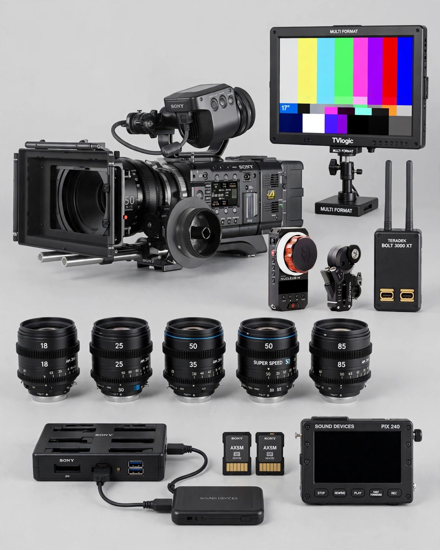 Plan F55 · Kit completo: cuerpo Sony PMW-F55, lentes Zeiss Super Speed, monitor TV Logic 17, Nucleus M, Teradek Bolt 3000, Pix 240 y data · Planes de cámaras · Arttv Studios