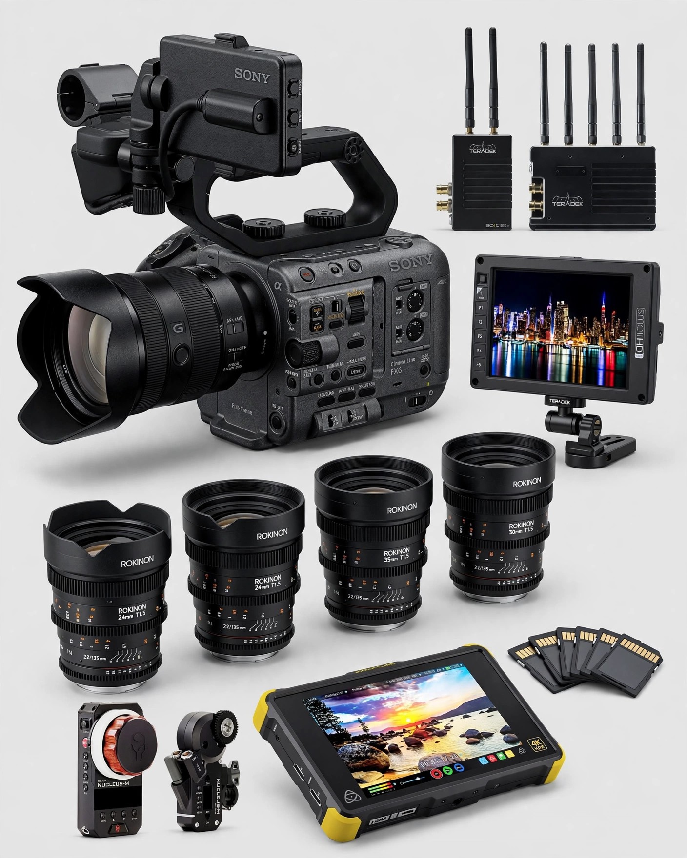 Plan FX6 · Kit completo: cuerpo Sony FX6, lentes Rokinon DS, monitor Small HD 7, Nucleus M, Teradek Bolt 1000, Atomos Shogun y tarjetas · Planes de cámaras · Arttv Studios